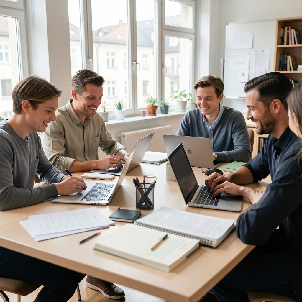 Kleines Redaktionsteam bei der gemeinsamen Arbeit an einem hellen Tisch mit Forschungsunterlagen, Laptops und Notizbüchern, freundliche Arbeitsatmosphäre in Zürich