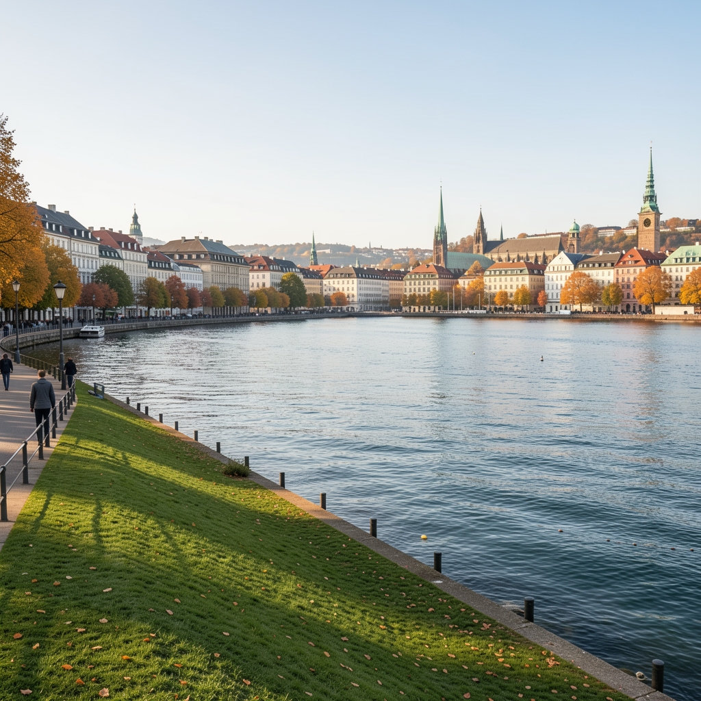 Blick auf den Zürichsee mit grüner Uferpromenade und historischer Stadtkulisse, sonniger Herbsttag, helles natürliches Licht
