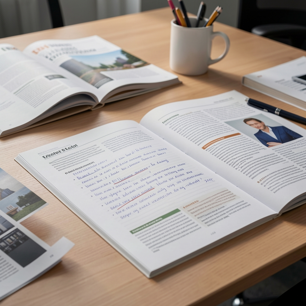Geordnete Forschungsunterlagen und offene Fachzeitschriften auf einem aufgeräumten Schreibtisch, Nahaufnahme von Notizen und Unterstreichungen unter kontrollierter Studiobeleuchtung